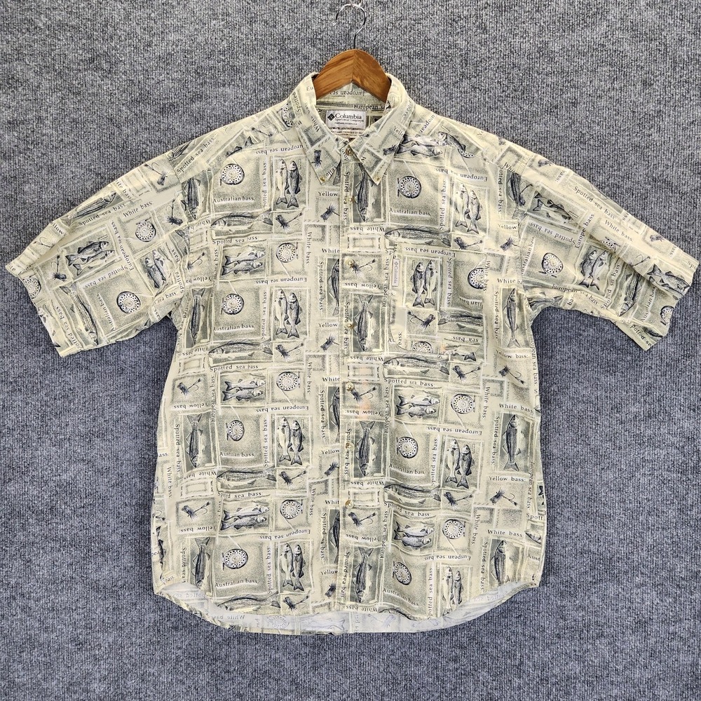 Columbia Shirt Mens Large Beige Fish Print Short Sleeve Button Up Outdoors Bass